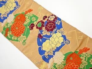 アンティーク　檜扇に菊・牡丹模様織り出し名古屋帯（着用可）